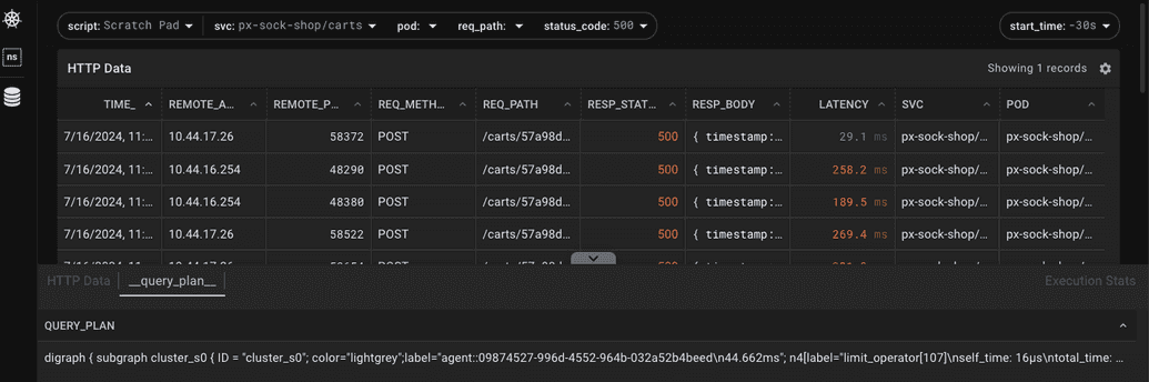 Pixie's Live View with the Data Drawer open showing the GraphViz query plan text