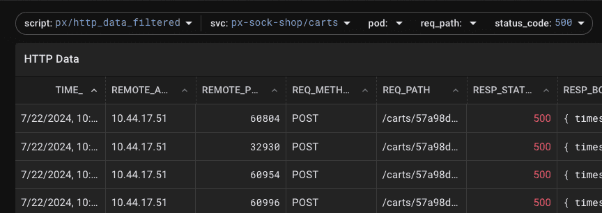 Live UI view of the http_data_filtered with a service and status_code filter applied.